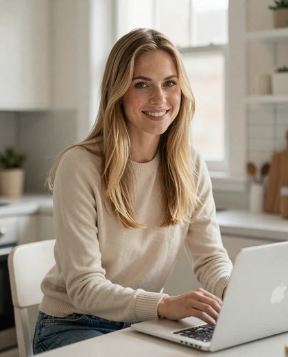 Alyssa, a verified U.S. single safely reviewing matches on the Loviaflame dating site from her kitchen