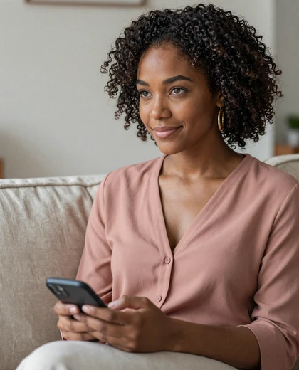 Naomi, a privacy-conscious Loviaflame member checking encrypted messages on her phone