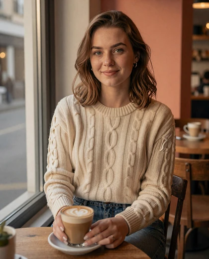Emma, a friendly U.S. single in her late twenties using the Loviaflame dating site from a coffee shop